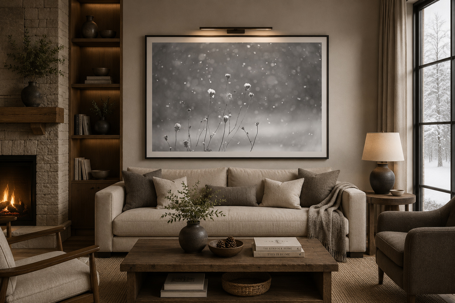 Winter Stillness living room mockup with soft winter botanical photography by Dan Sproul